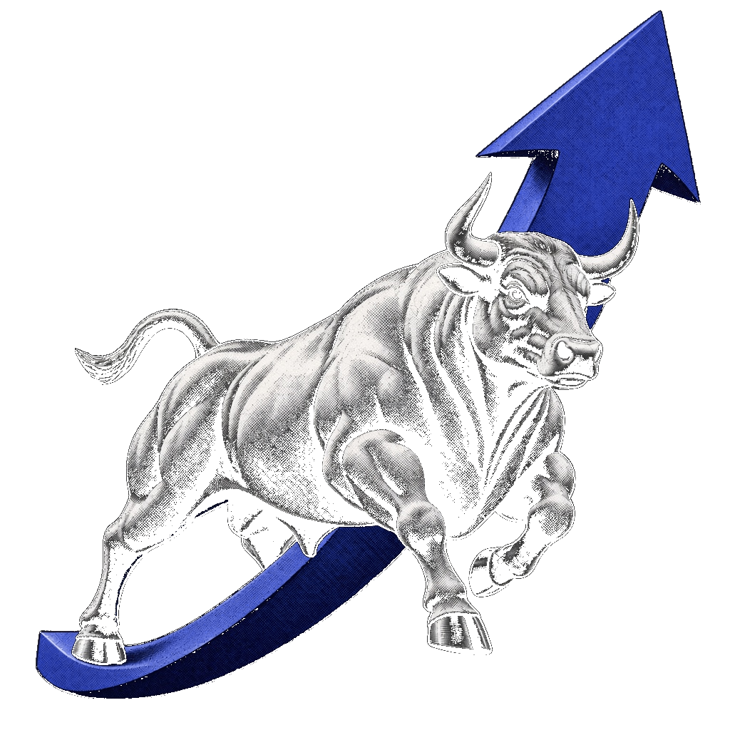 A bull leaping along a rising green arrow, representing market-linked growth