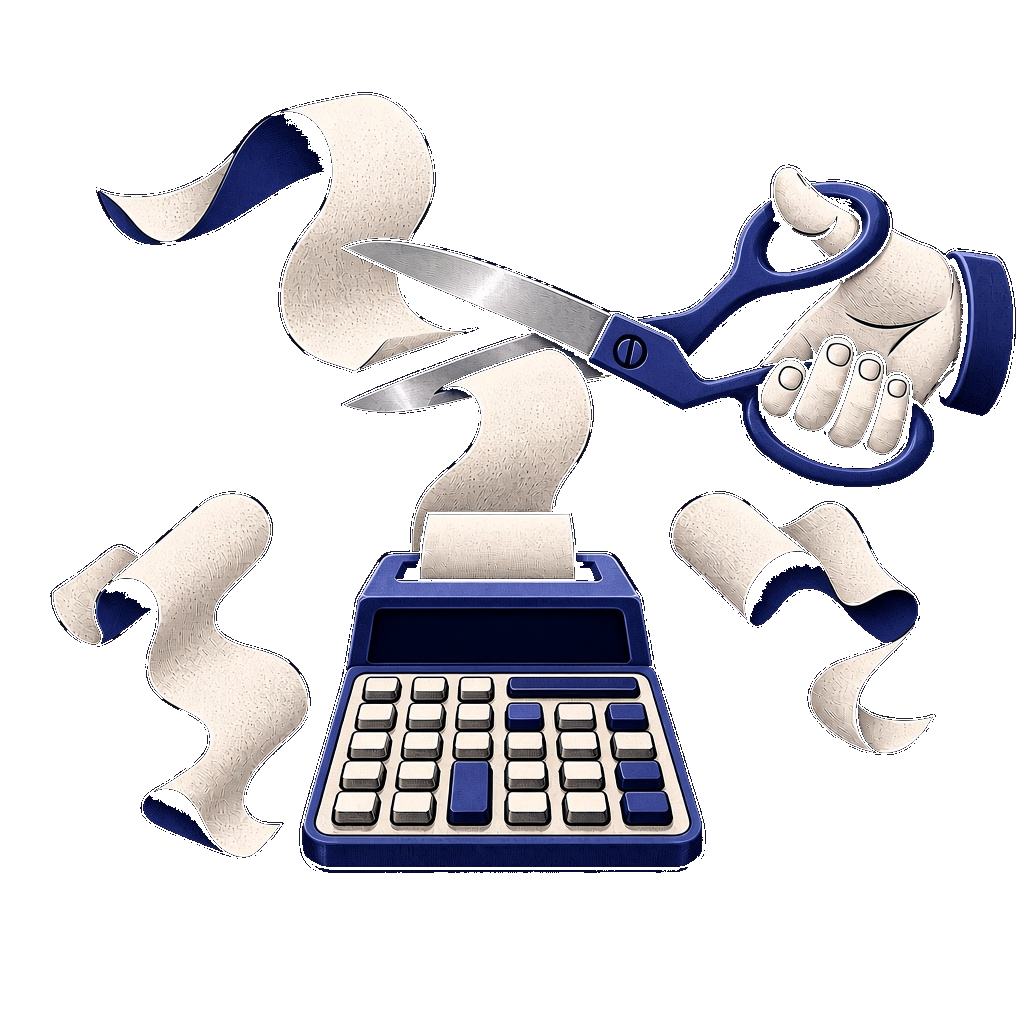 Scissors cutting a receipt above a calculator that reads No tax